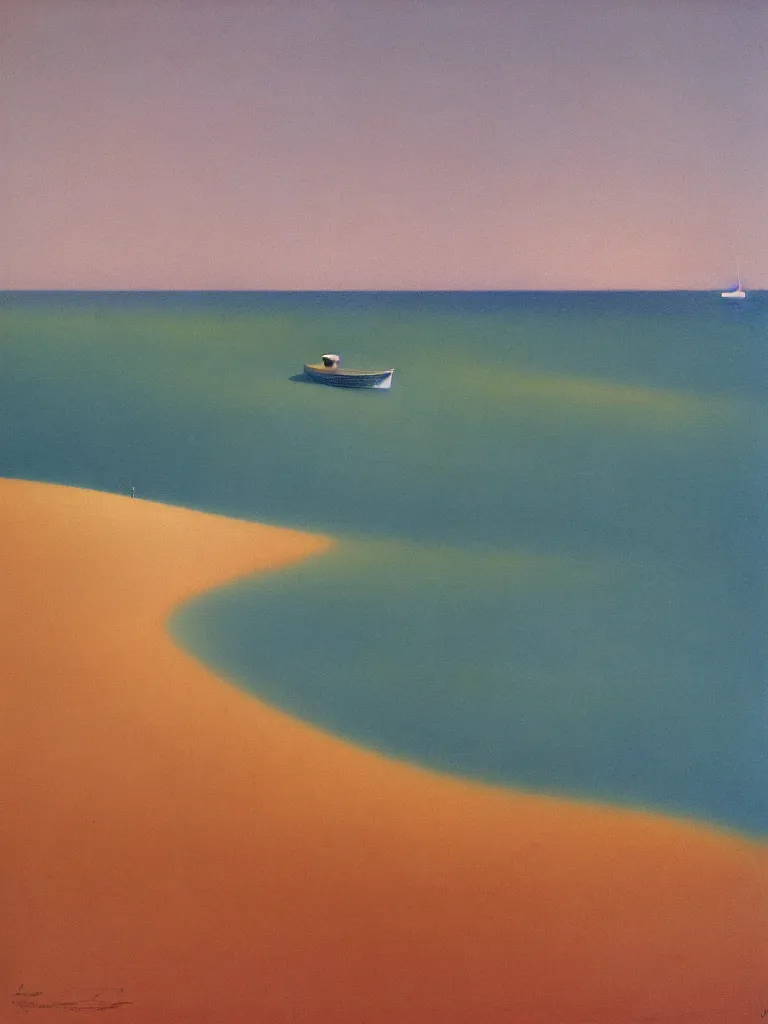 Image similar to a neo retro poster a boat near dune du Pilat, australian tonalism, pale gradients design, matte drawing, clean and simple design, outrun color palette. painted by Morandi, Agnes Pelton