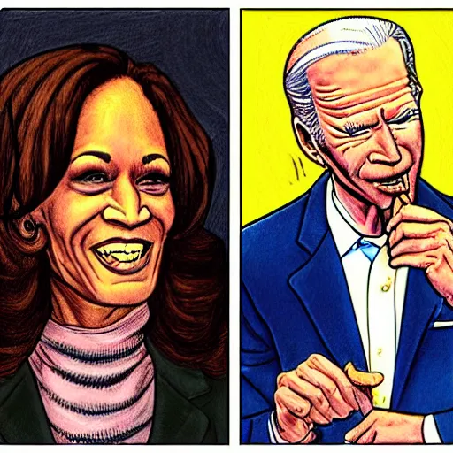 Image similar to The Artwork of R. Crumb and his Cheap Suit - Joe Biden and Kamala Harris, pencil and colored marker artwork, trailer-trash lifestyle