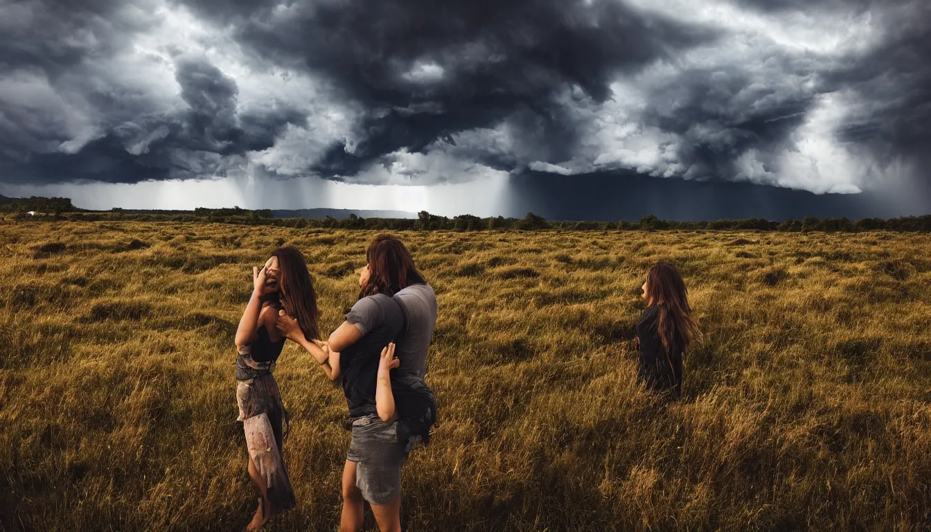 Image similar to humans , emerging hands and beautiful women’s and men screaming laughing and crying face ,biodiversity all round , dramatic dusk light illuminate , stormy clouds gather in the distance , full colour , upscale , 8k