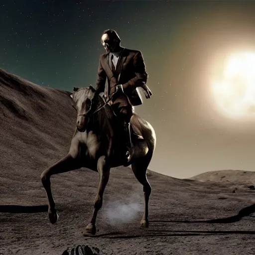 Prompt: real vintage photo, agent smith from the matrix riding a horse on moon, detailed, hyper realistic, 4 k octan render, unreal 5