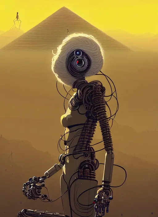 Prompt: highly detailed portrait of a robotic cyborg long curly white hair nomadic tribal lady, stray wiring and tubing by atey ghailan, james gilleard, by joe fenton, by greg rutkowski, by greg tocchini, by kaethe butcher, 4 k resolution, gradient yellow, black and white color scheme!!! ( ( robotic sandstorm robotic pyramid landscape background ) )