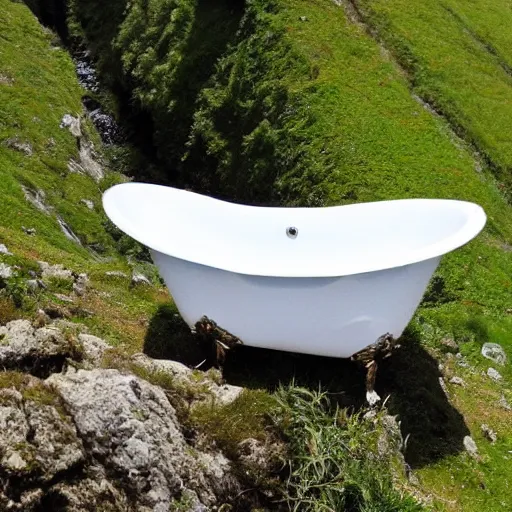 Image similar to dragonfly in a bathtub in the alps, goat!!!!!!!!!!!! herd!!! in background