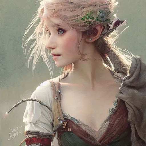 Image similar to elf fairy, bard, lute, art student, cardigan, blonde, highly detailed, intricate, digital painting, artstation, sharp focus, illustration, art by jakub rozalski, greg rutkowski, artgerm, tan zi and ayanamikodon and alphonse mucha and wlop