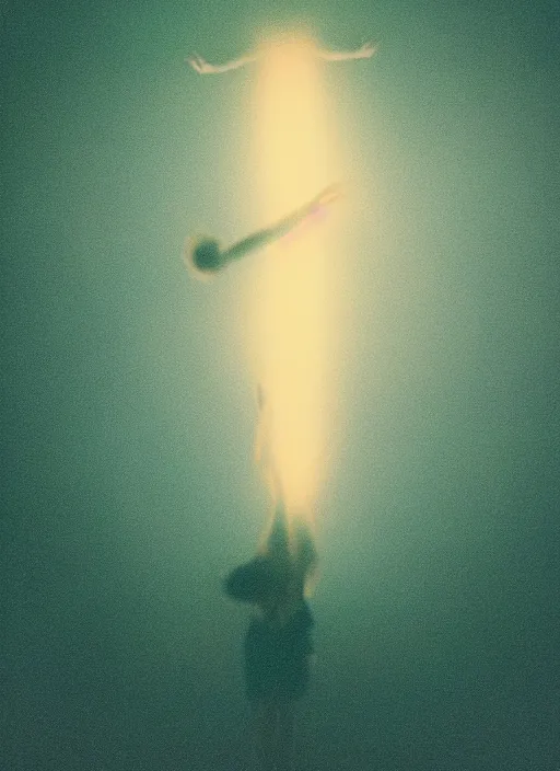 Image similar to female ascending into the sky, glowing aura, motion blur, out of focus, film grain, cinematic lighting, experimental film, echoes, shot on 1 6 mm