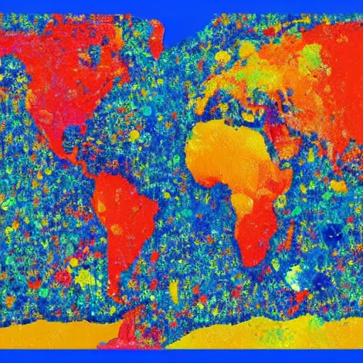 Prompt: a painting of a colorful map of the world, an album cover by Howardena Pindell, shutterstock, auto-destructive art, criterion collection, poster art, dystopian art