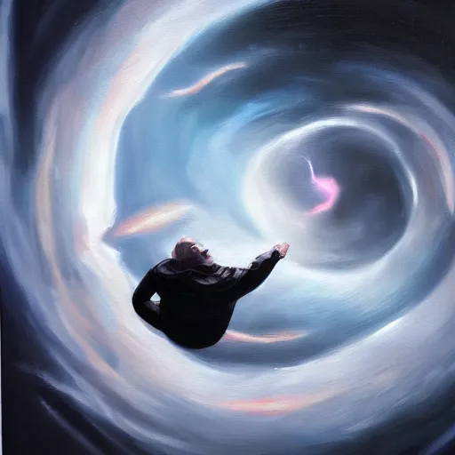 Image similar to man falling in a black hole, oil painting, pale colors, high detail, 8 k, wide angle, trending on artstation,