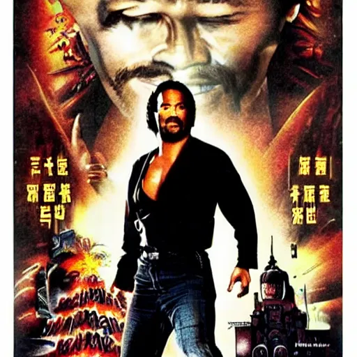 Prompt: big trouble in little china, poster, but the main actor is the rock