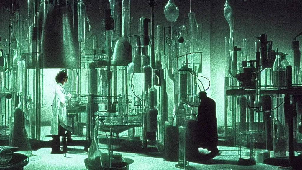 Image similar to a mad scientist in his lab, giant vats of green liquid line the walls, film still from the movie directed by david cronenberg with art direction by salvador dali and zdzisław beksinski, wide lens
