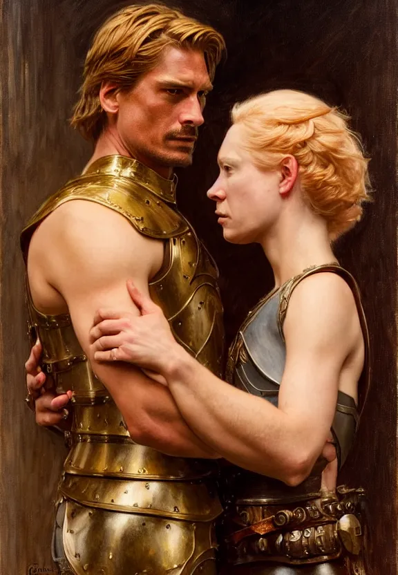 Image similar to attractive jaime lannister confesses his love for attractive armored brienne of tarth. highly detailed painting by gaston bussiere and j. c. leyendecker 8 k