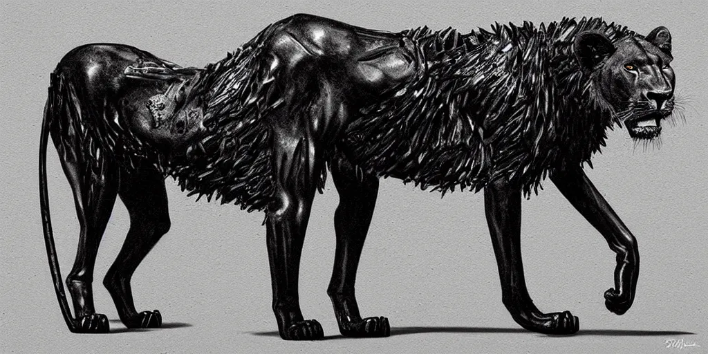 Prompt: the black lioness made of ferrofluid, walking in the suburban neighborhood, dripping tar. animal drawing, drawing, environment art, realistic, detailed