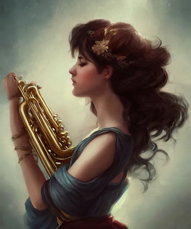 Prompt: bard playing tuba by charlie bowater and titian and artgerm, full body portrait, intricate, face, elegant, beautiful, highly detailed, dramatic lighting, sharp focus, trending on artstation, artstationhd, artstationhq, unreal engine, 4 k, 8 k