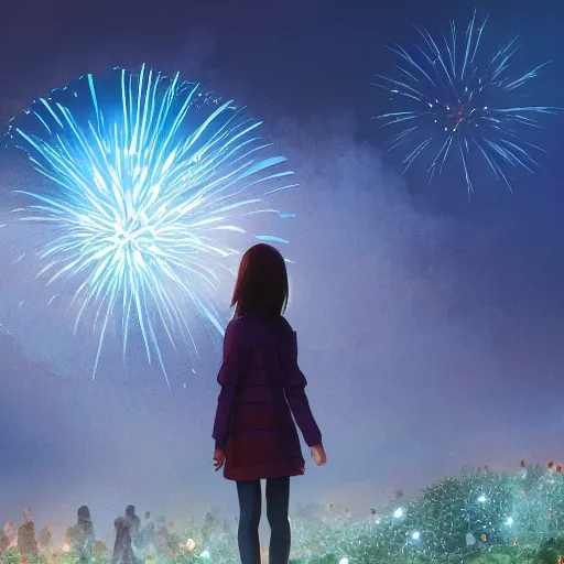 Image similar to girl watching watching fireworks on a hill, digital art, by ben weiner, richard estes, range murata, akiyuki shinbou, yoshitaka amano, wlop, highly detailed, realistic, cinematic, bold colours, dark sky, photorealism, 4 k, wide angle lens, trending on artstation, artgerm