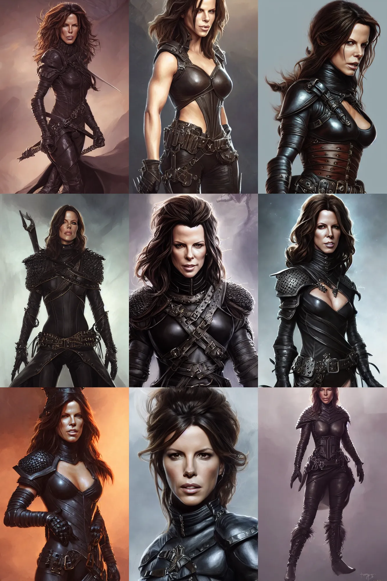 Prompt: hardmesh detail portrait kate beckinsale as dnd thief, weared in leather armor, highly detailed, d & d, fantasy, highly detailed, digital painting, trending on artstation, concept art, sharp focus, illustration, art by artgerm and greg rutkowski and magali villeneuve