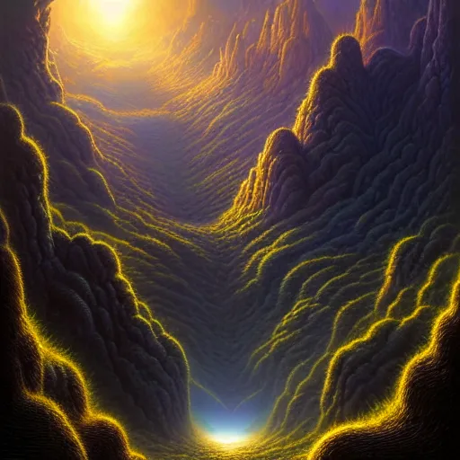 Prompt: of an impossible landscape with a infinite multi dimension portal, a beautiful ultradetailed matte painting a lush mountain range at dusk by tomasz alen kopera and Justin Gerard and Dan Mumford, tarot card, dazzling energy, ultra wide angle shot, high angle shot, intricate, fractal magic, rays of god, hyperdetailed, micro details, volumetric lighting, 8k, ray tracing, polarized lens