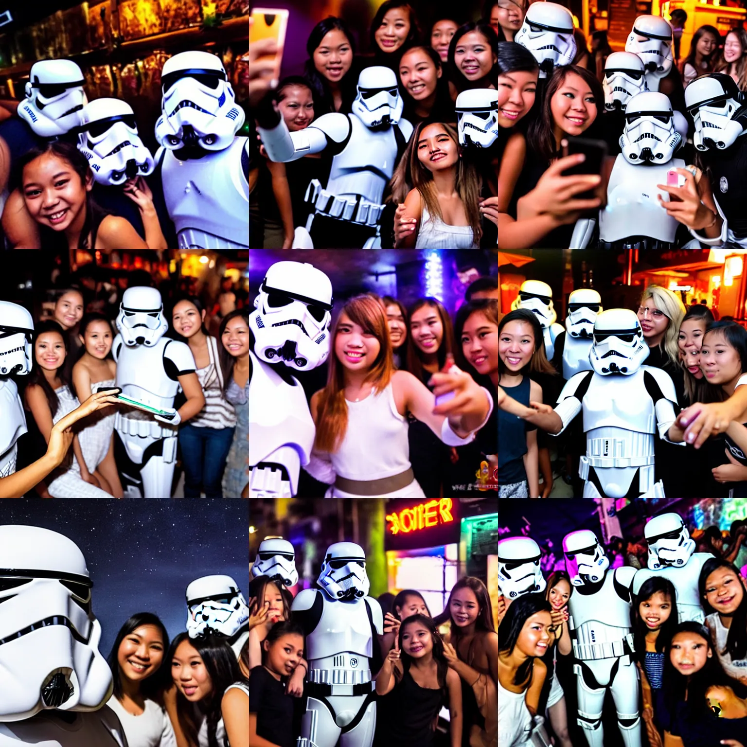 Image similar to storm trooper taking a selfie with a group of girls at a bar in bangkok thailand at night