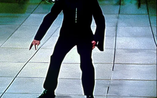 Image similar to Michael Jackson as Neo fighting Agent Smith, Still from The Matrix (1999)