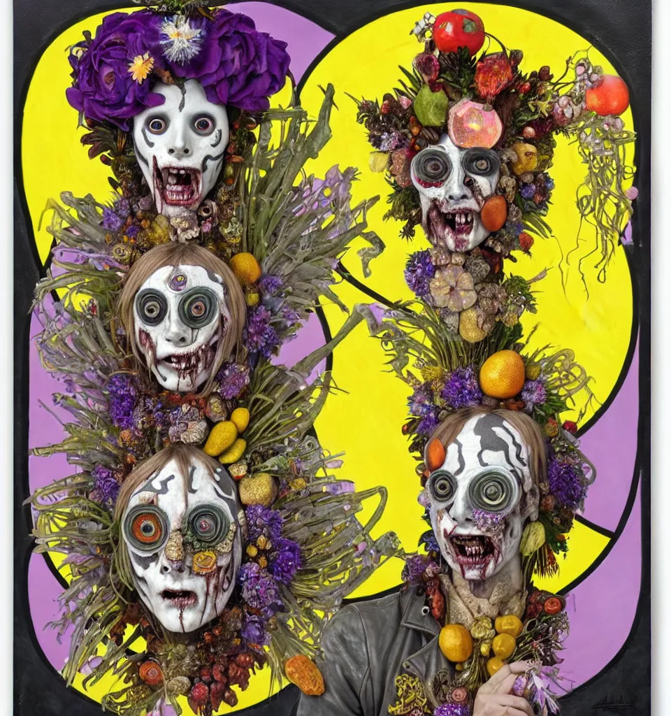 Image similar to bodyshot of a trickster nature spirit, leather jacket, zombie rock star, head made of fruits and crystals and flowers in the style of guiseppe arcimboldo, art by alphonse mucha, deep focus, mystical, surreal, detailed, pop art, gray and yellow and purple, rainbow stripe background