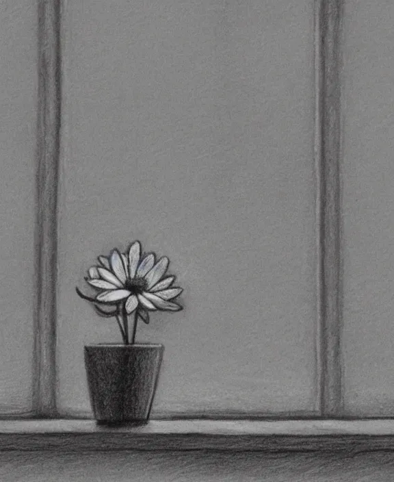 Image similar to a pencil drawing of a flower in a clay pot on a window sill. by pen tacular