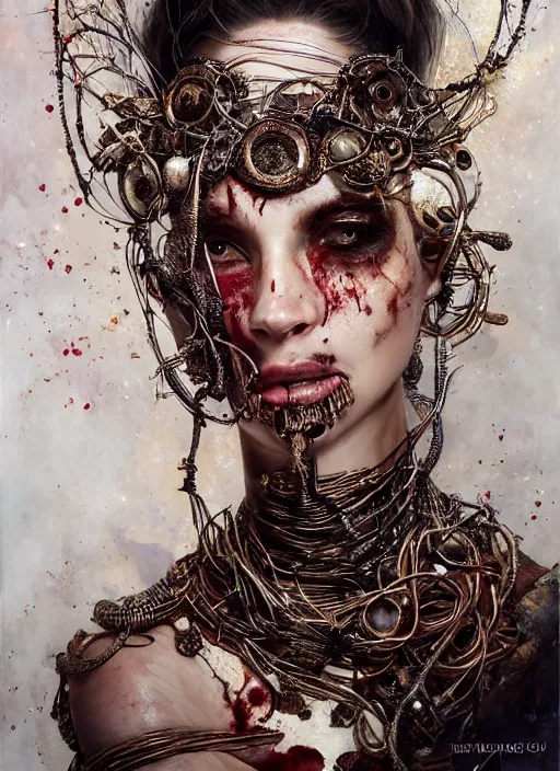 Image similar to expressive photo of sophia lauren, bumpy mottled skin full of blood and scars, ornate headpiece made from metals, cables and wires, hyper maximalist, elegant, body horror, by karol bak nd yoshitaka amano and greg rutkowski and jeremyg lipkinng and artgerm, photorealistic, fashion photography