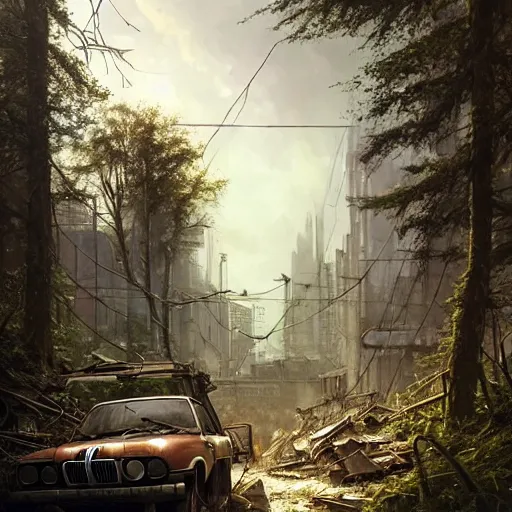 Image similar to postapocalyptic city of munic!!!, wild forest!!! vegetation!!!, small rubble!!, rusty bmw cars!!, hyperrealistic, highly detailed, cinematic, sunny light, beautiful, cgssociety, artstation, 8 k, oil painting by greg rutkowski, by artgerm, by wlop