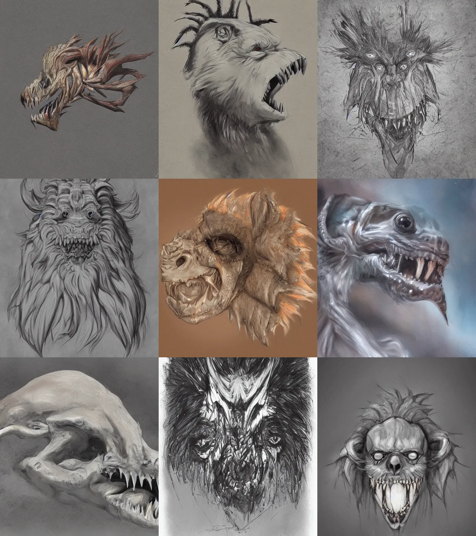 Prompt: creature head, horror, sharp teeth, digital paint, concept art, soft light, pencil drawing