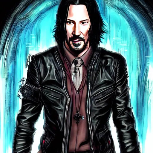 Image similar to keanu reeves a quirky cyberpunk wizzard, dark-hair, intricate, elegant, highly detailed, smooth, sharp focus, detailed face, high contrast, dramatic lighting, graphic novel, art by Ardian Syaf and Michael Choi