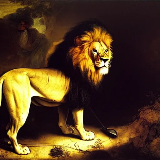 Prompt: lion hunter by rembrandt