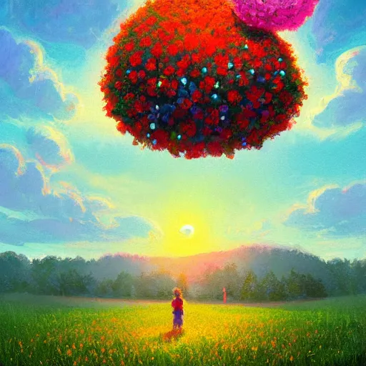 Image similar to flower field becoming a girl with dress and a giant flower as a face, hills, big trees, sunrise dramatic light, impressionist painting, colorful clouds, digital painting, pointillism, artstation, simon stalenhag