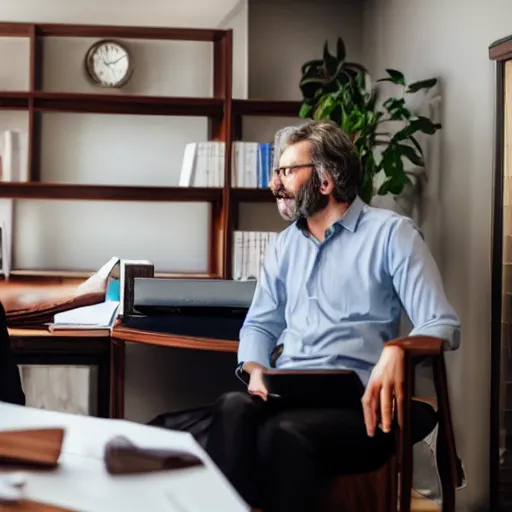 Prompt: photo of a lawyer talk to his customers in his office.
