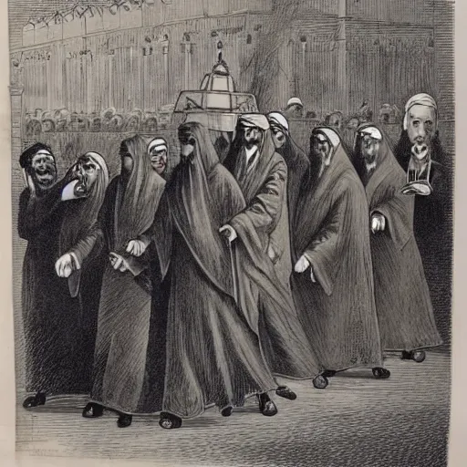 Image similar to Walk in a funeral procession, not in a marriage, arab, caricature