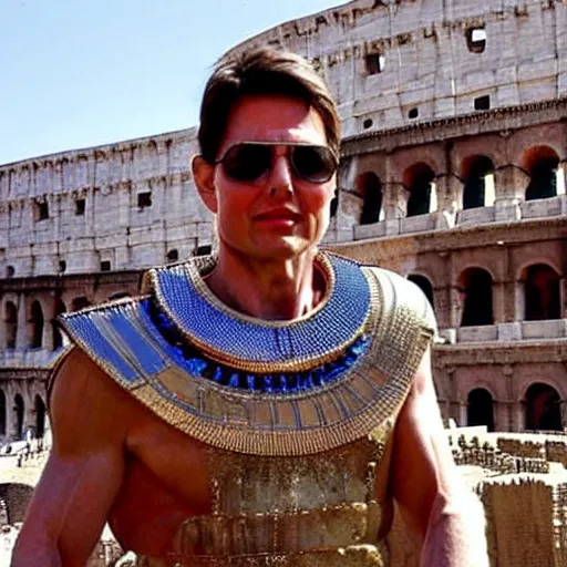 Prompt: tom cruise dressed as a pharaoh in the middle of the roman colosseum