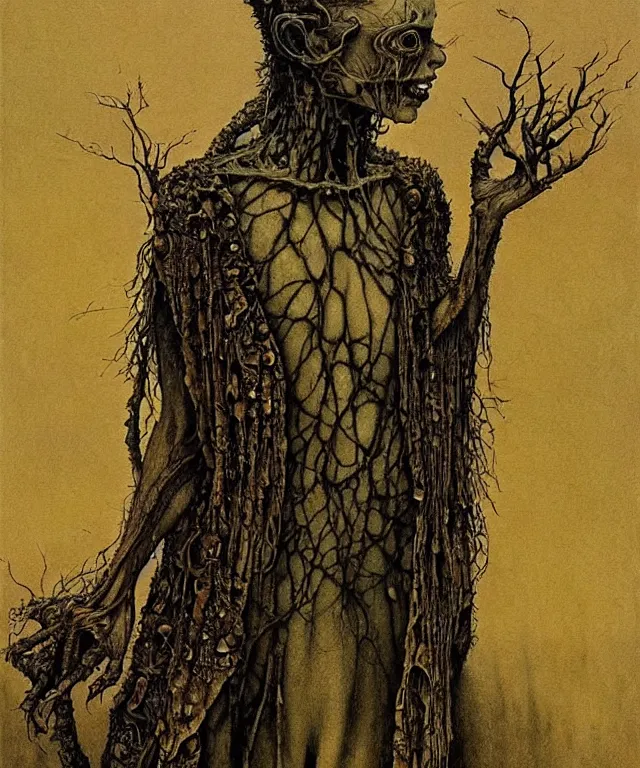 Prompt: a detailed creepy woman with many joints and arms stands among the hills. wearing a ripped mantle, robe. perfect faces, extremely high details, realistic, fantasy art, solo, masterpiece, art by zdzislaw beksinski, arthur rackham, dariusz zawadzki, hermann nitsch