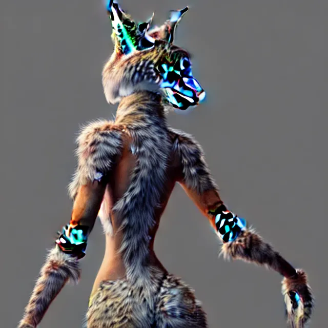 Image similar to the full body of anthropomorphic lynx fursona from behind wearing a steampunk suit as unimaginably beautiful, gorgeous, elegant, young woman with lynx head, an ultrafine hyperdetailed illustration by furaffinity, intricate linework, white fur, unreal engine 5 highly rendered, global illumination, radiant light, detailed and intricate environment