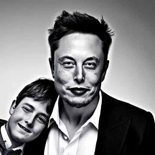 Image similar to A portrait photo of Elon Musk teams up with a teenage Elon Musk, perfect faces, 50 mm, award winning photography