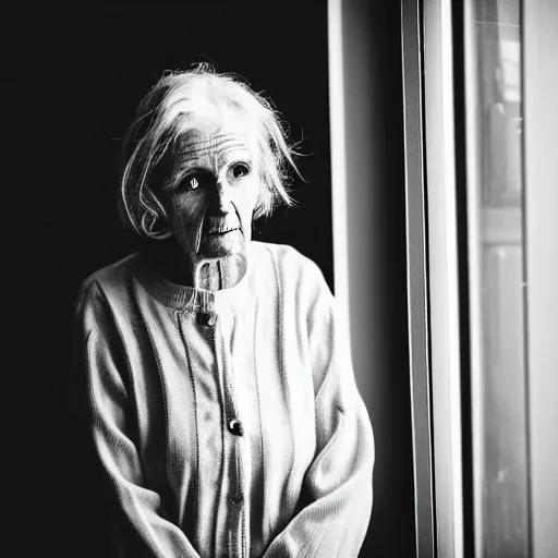 Image similar to black and white photograph portrait of a depressed beautiful old woman standing by the window, natural light, lomo, fashion photography, film grain, soft vignette, sigma 85mm f/1.4 1/10 sec shutter