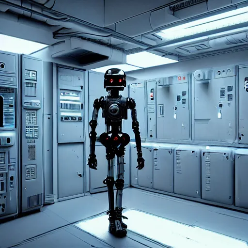 Prompt: hyperrealism detailed photography scene from stanley kubrick movie of highly detailed stylish cyberpunk droid from 2 0 7 7's as cyberpunk droid in josan gonzalez, gragory crewdson and katsuhiro otomo, mike winkelmann style with many details, working at the detailed data center by laurie greasley hyperrealism photo on dsmc 3 system volumetric epic light rendered in blender