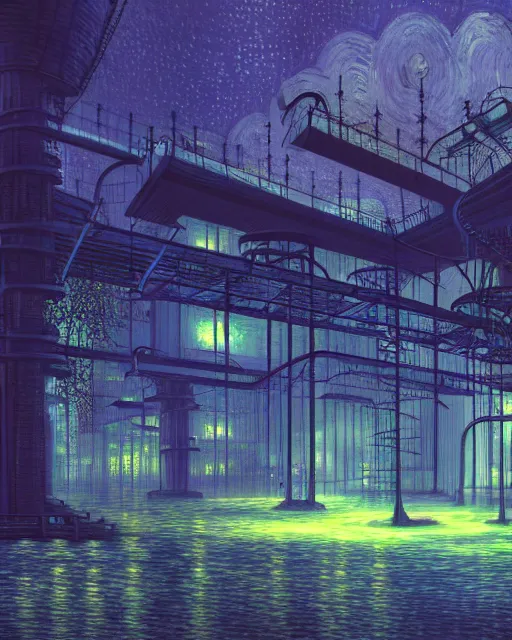 Image similar to industrial architecture by vincent van gogh, myst tron nature laser at night rainforest forest atlantis lightpaint infrared futuristic water neptune azeroth dramatic lighting vice city at dusk evil, archdaily, wallpaper, highly detailed, trending on artstation.