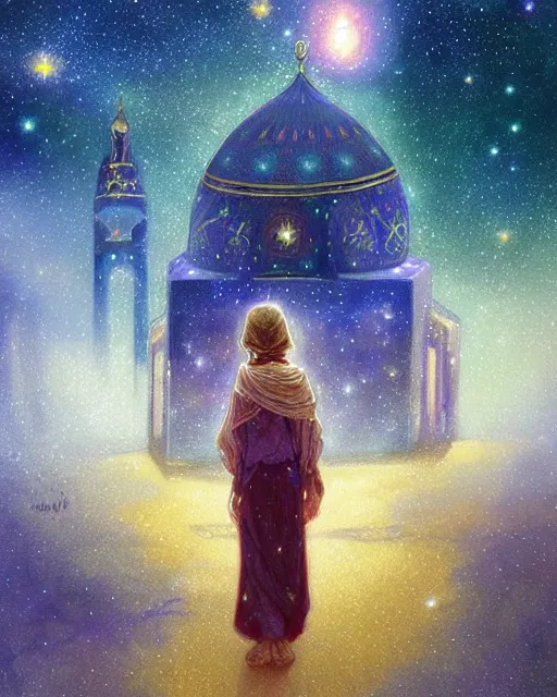 Image similar to bedouin child praying in galaxy walking towards mosque surrounded by nebula, highly detailed, gold filigree, romantic storybook fantasy, soft cinematic lighting, award, disney concept art watercolor illustration by mandy jurgens and alphonse mucha and alena aenami, pastel color palette, featured on artstation