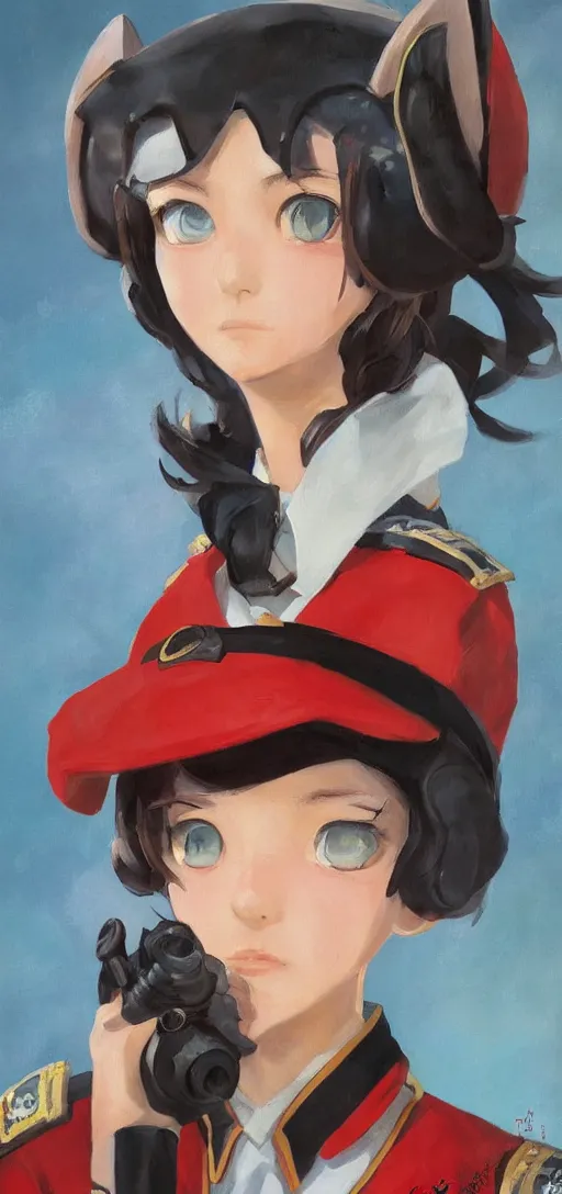 Image similar to oil paining of twentytwo year old female character with ( ( ( cat ears ) ) ) wearing soviet era uniform, wearing a tshirt with a face of karl marx on it, in the style of krenz cushart