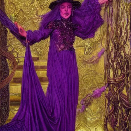 Prompt: portrait of a purple witch with golden embroidery, by donato giancola.