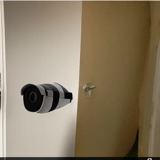 Image similar to Security camera photo of 2 flying pillows, photo was taken in front of someone door, realistic, low resolution.
