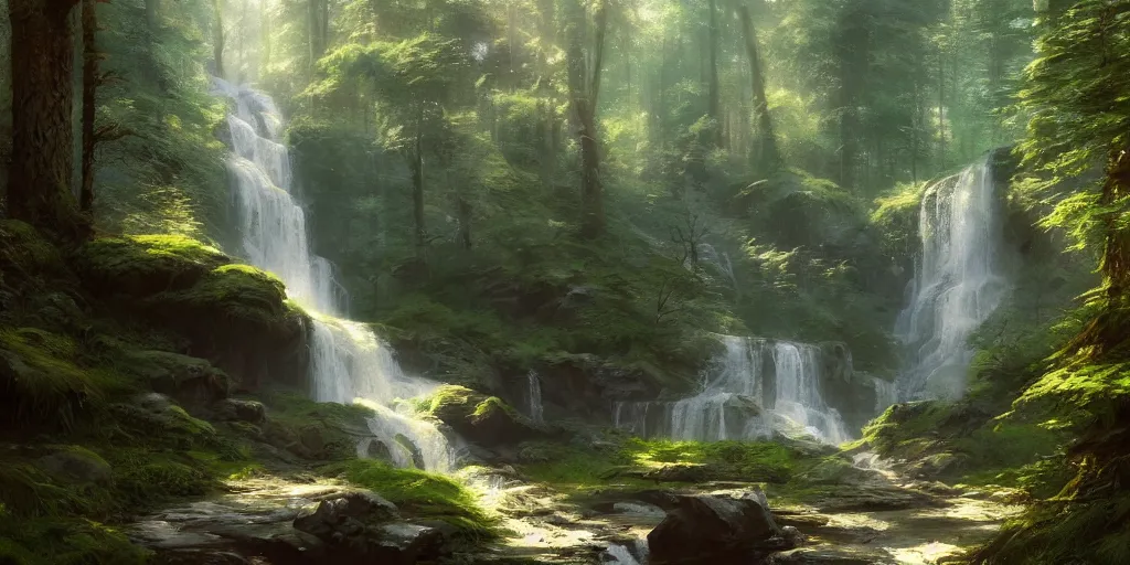 Prompt: A waterfall in sunny forest by greg rutkowski and thomas kinkade, trending on artstation, 4k