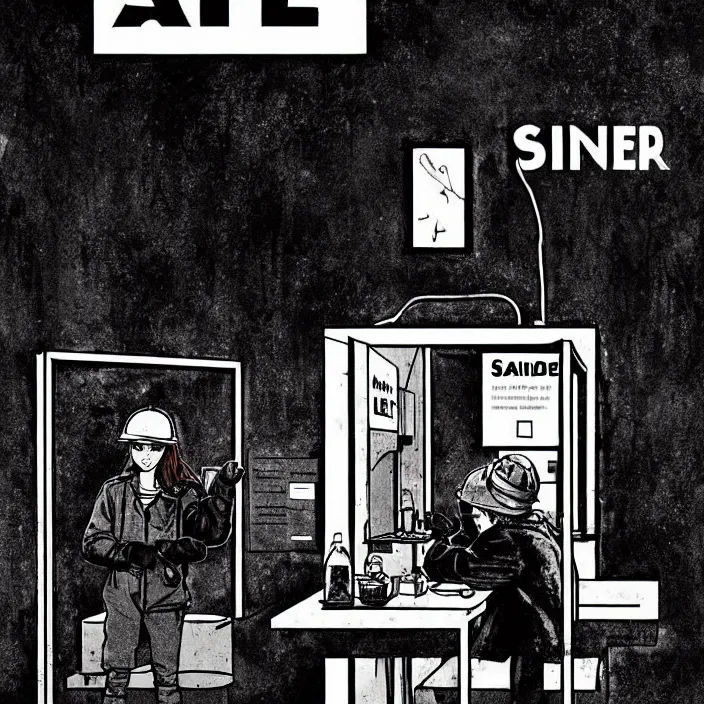 Prompt: sadie sink as a coal miner : eats bread at a table. inside a minimalist dirty automated kiosk. bright tasty food options displayed on a wall. black tiles on walls. black and white, pencil and ink. by gabriel hardman, joe alves, chris bonura. cinematic atmosphere, detailed and intricate, perfect anatomy