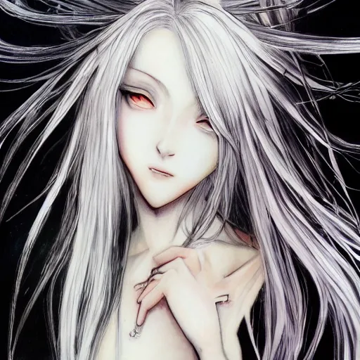 Image similar to Highly detailed Renaissance oil portrait in three quarter angle of an anime girl with long white hair fluttering on the wind and black eyes wearing office suit in the style of Yoshitaka Amano drawn with expressive brush strokes, abstract black and white patterns in the backround