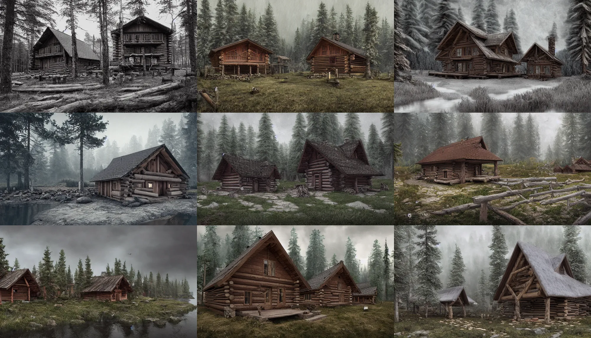 Prompt: proto - slavic wooden village palisaded, log house, build in a forest near of a lake, grey sky, hyperdetailed, artstation, cgsociety, 8 k