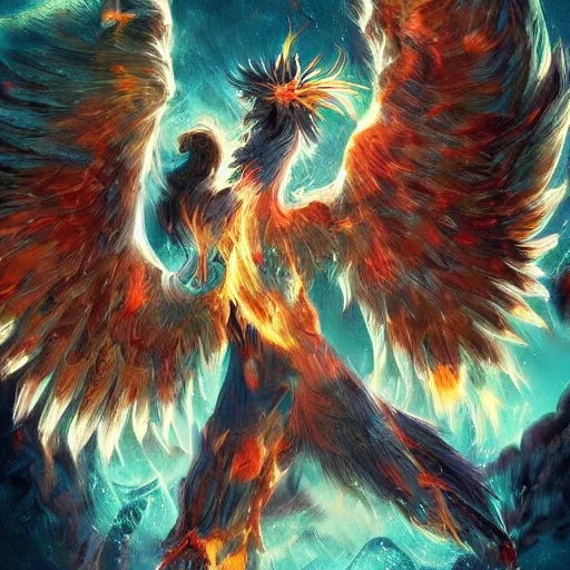 Prompt: beautiful still of the phoenix, the majestic mythical bird with the plumage of fire, beautiful intense light of fire, hyper detailed, photography, artstation