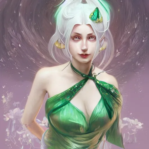 Image similar to ultra realistic illustration, dream girl with white hair, with light green eyes, with cat ears, in a sundress, intricate, elegant, highly detailed, digital painting, artstation, concept art, smooth, sharp focus, illustration, art by artgerm and greg rutkowski and alphonse mucha