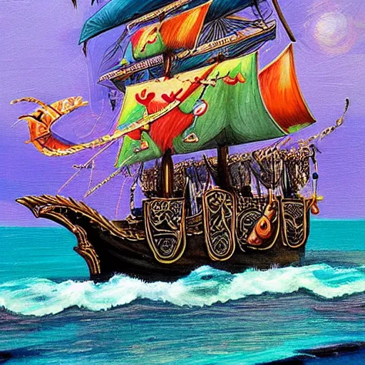 Image similar to pirate ship sailing, trending on artstation, colorful, intricate, art by aurore folny and ekaterina burmak