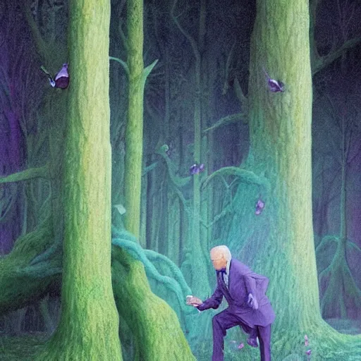 Image similar to joe biden fighting climate change deep in a magical forest filled with volumetric fog beautiful stunning portrait soft glow by wayne barlowe blue green purple color palette very detailed clear focus