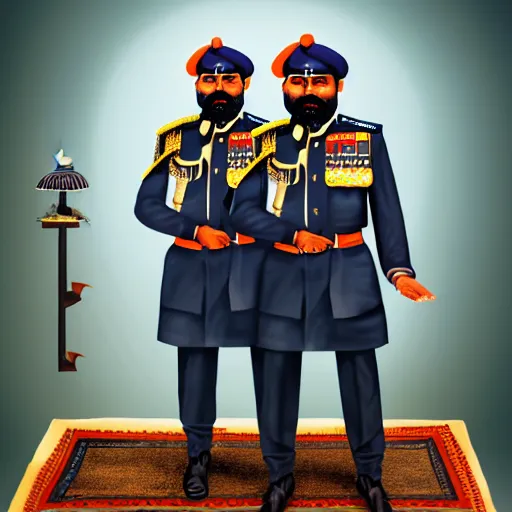 Image similar to a painting of an indian cop in khakhi uniform, an indian man in formal wear and a rugged indian bearded man standing on top of a book, detailed digital art, hyperrealistic, trending on artstation